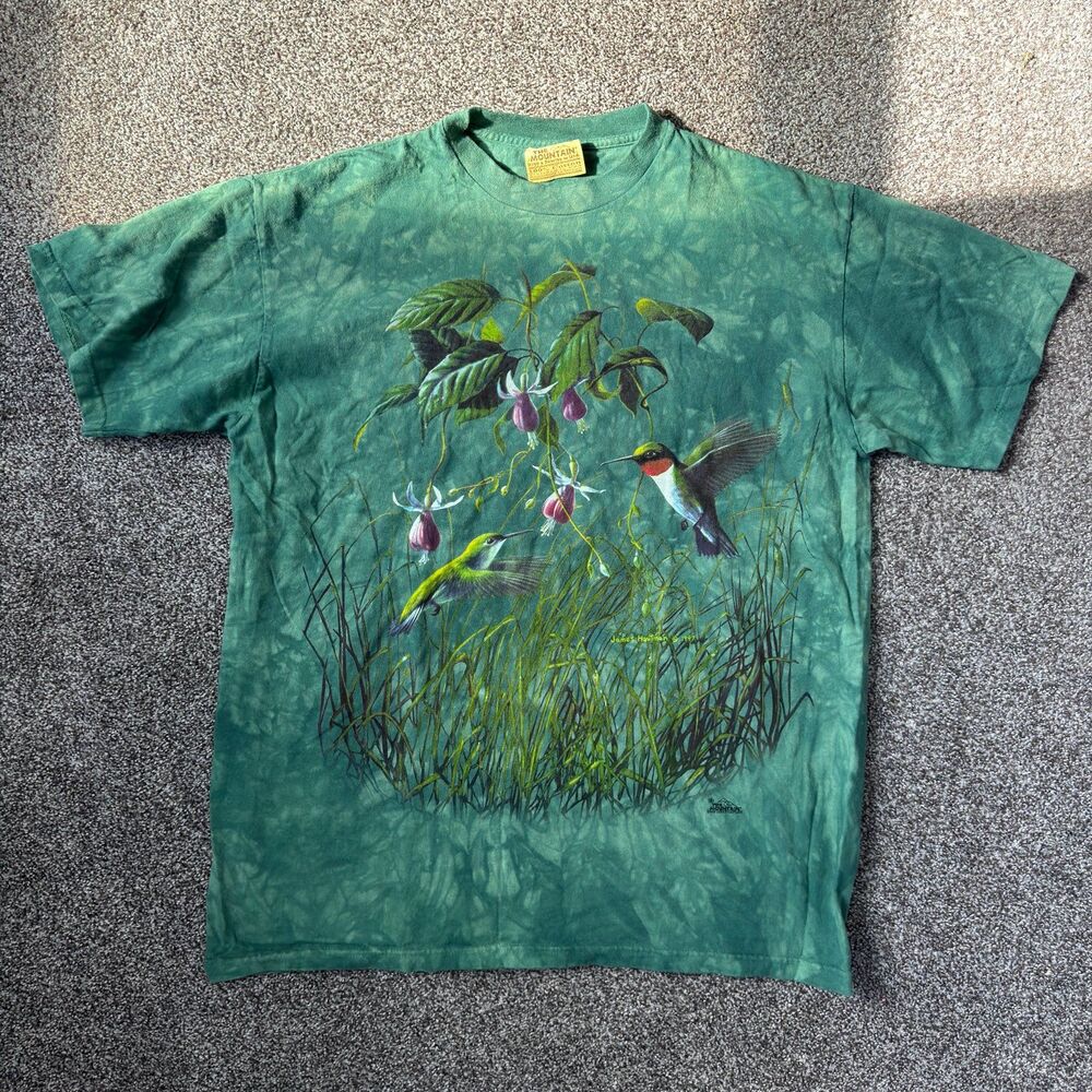 Vtg 90s The Mountain Green Tie Dye Hummingbird Graphic Tee